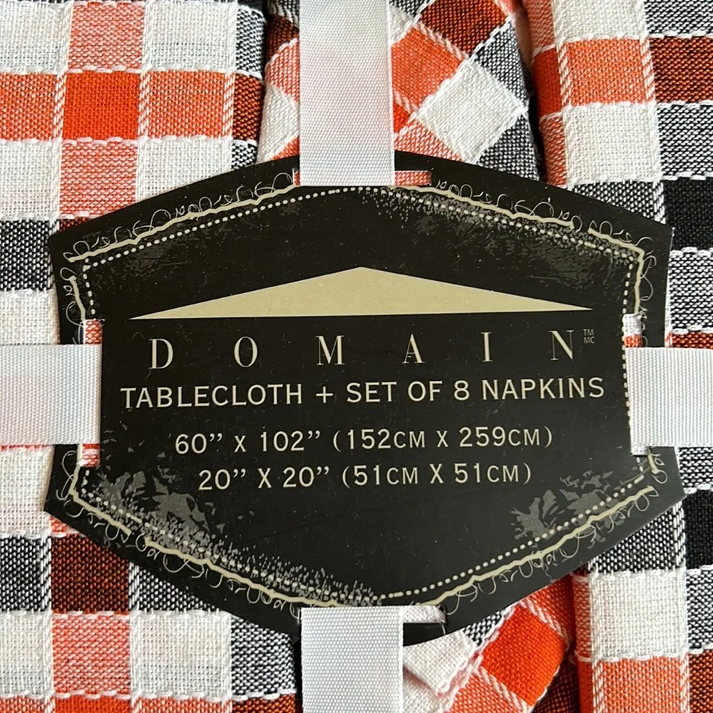 Domain Tablecloth & 8 Napkin Set 60”x102” Plaid Halloween Orange Black New